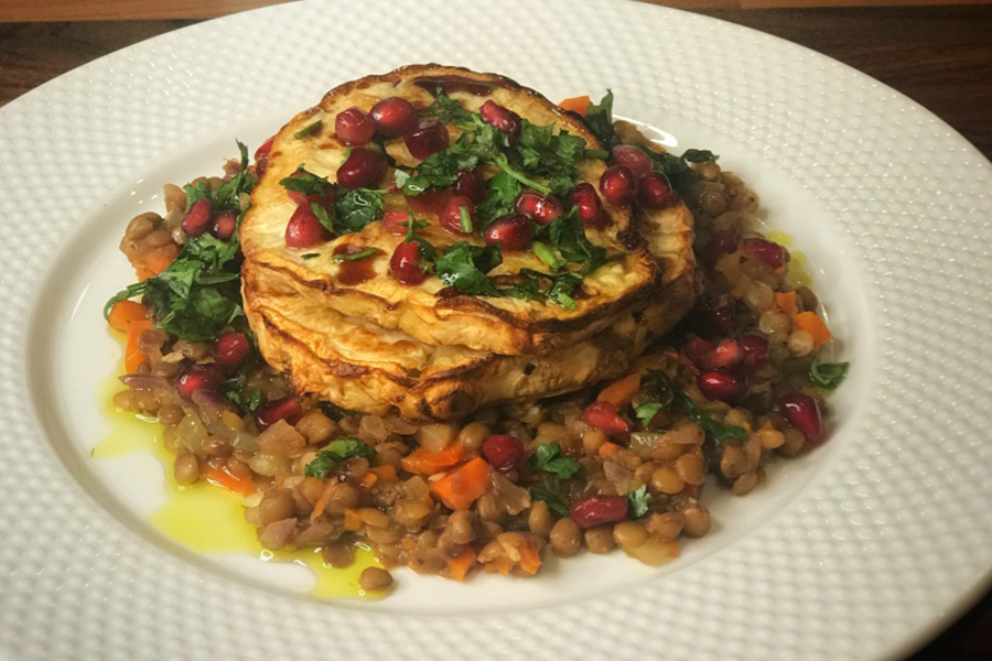 Celeriac steaks with sweet, sticky date and Baharat spiced lentils