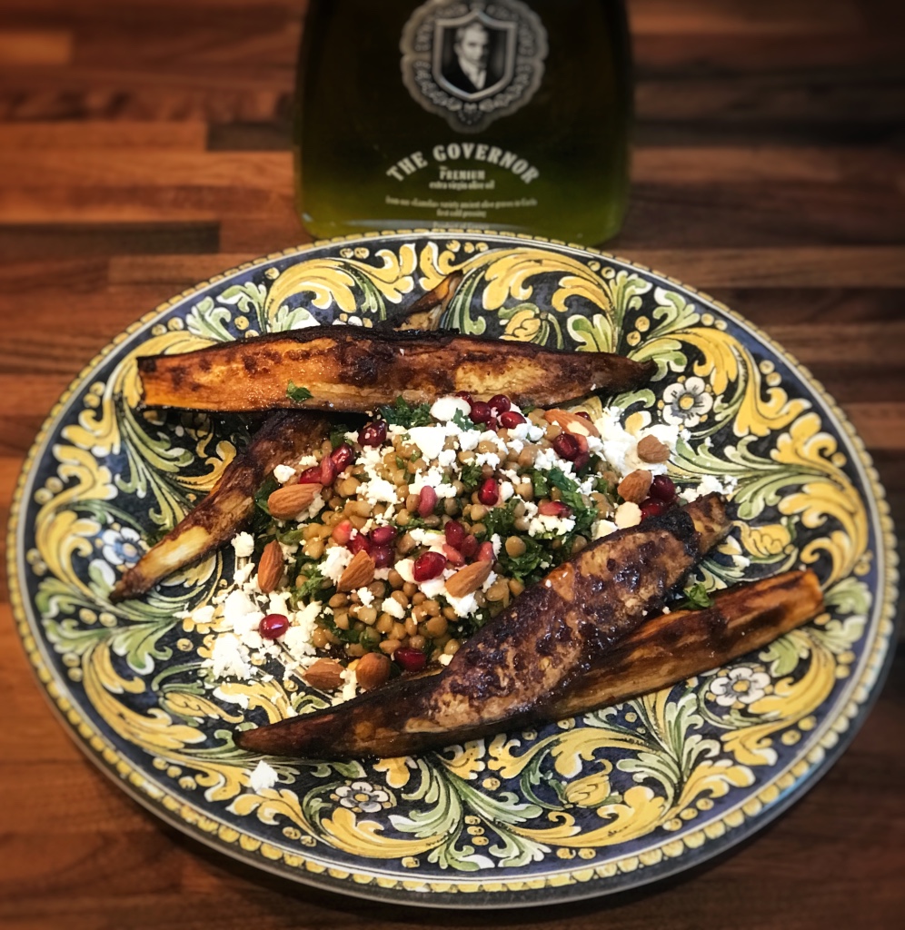 Sticky tamarind roasted aubergine and feta salad