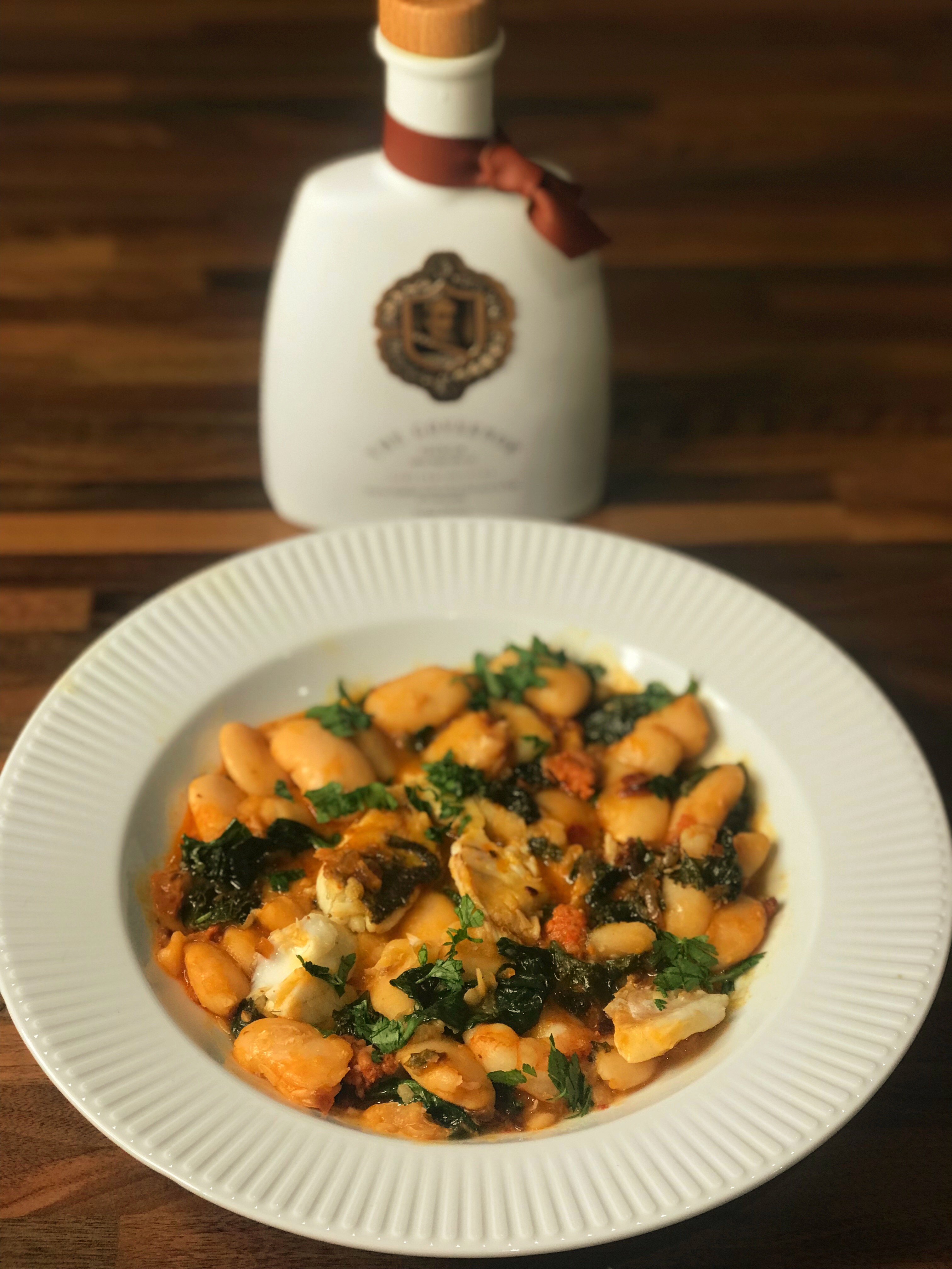 Sea bass, prawn and nduja butter beans