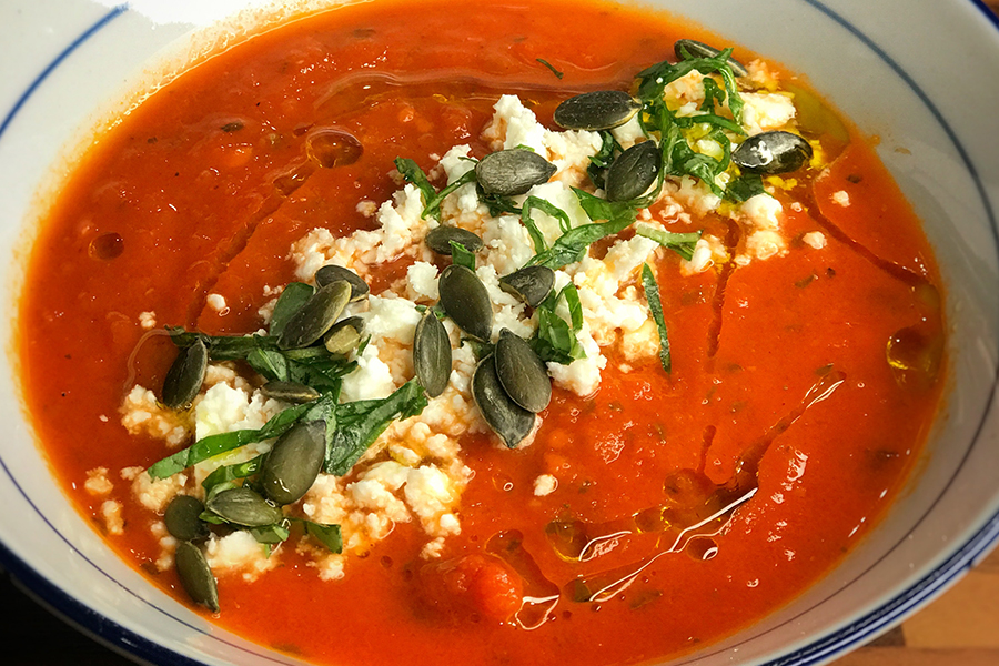 Sundried tomato and basil soup with crushed feta