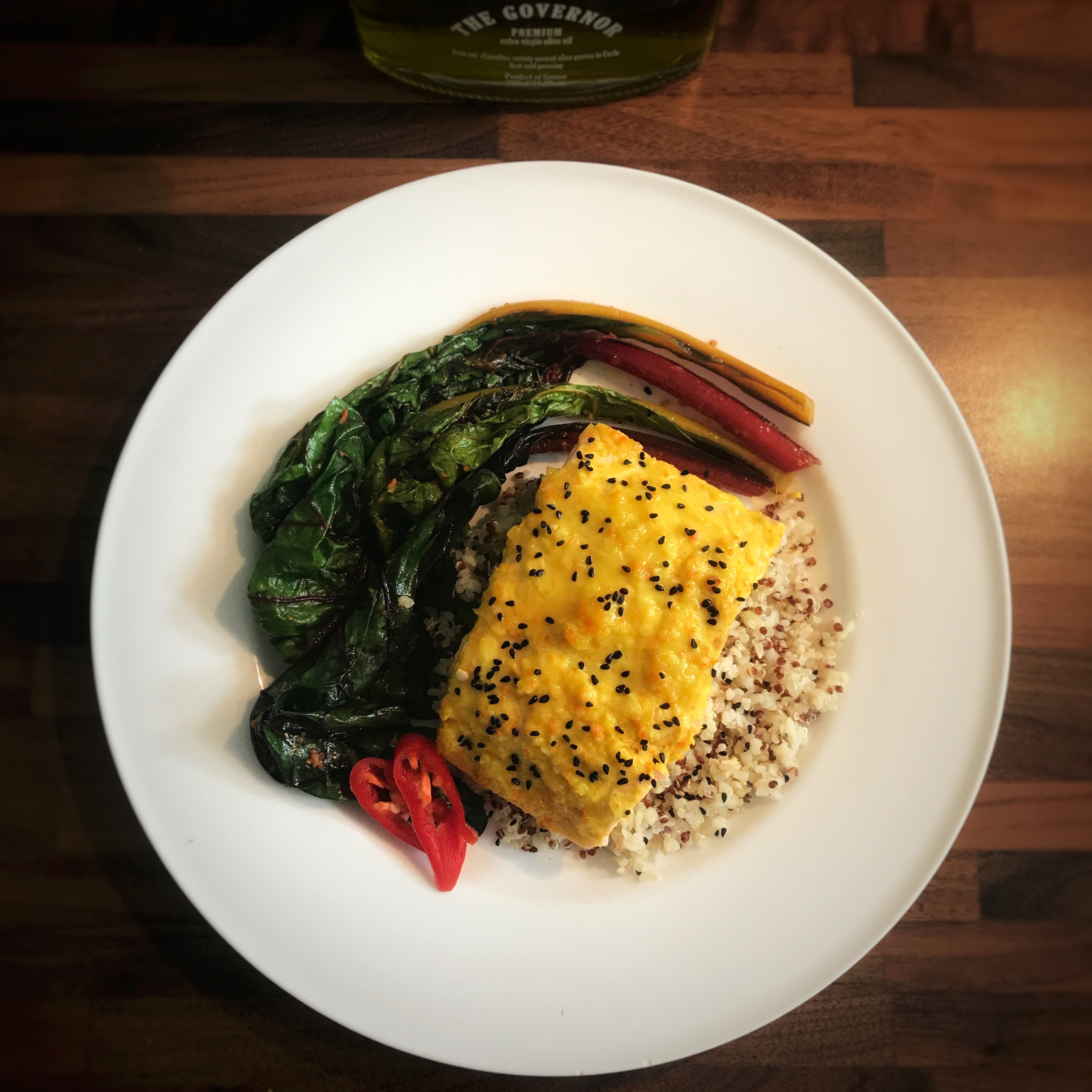 Ginger, turmeric & lime salmon with rainbow chard and quinoa
