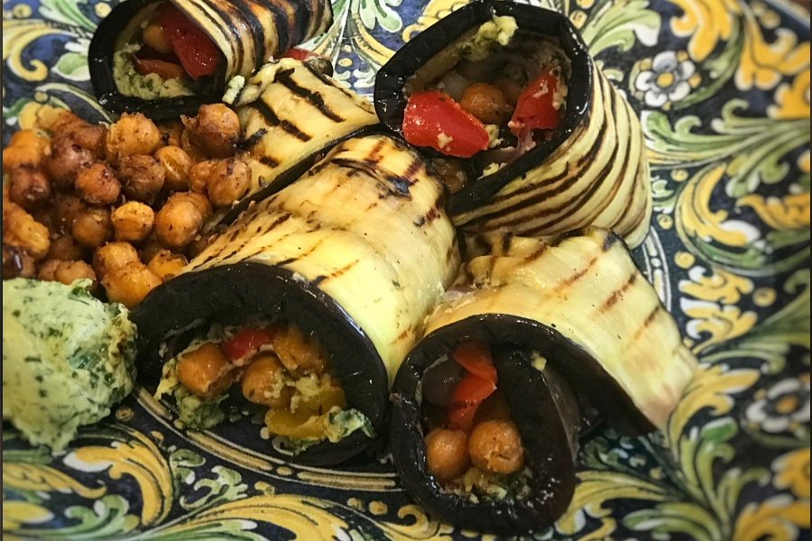 Aubergine wraps stuffed with crispy chickpeas, roasted peppers and a herby tahini dressing
